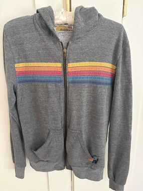 Aviator Nation Gray Zip Hoodie with Yellow, Pink & Blue Stripes